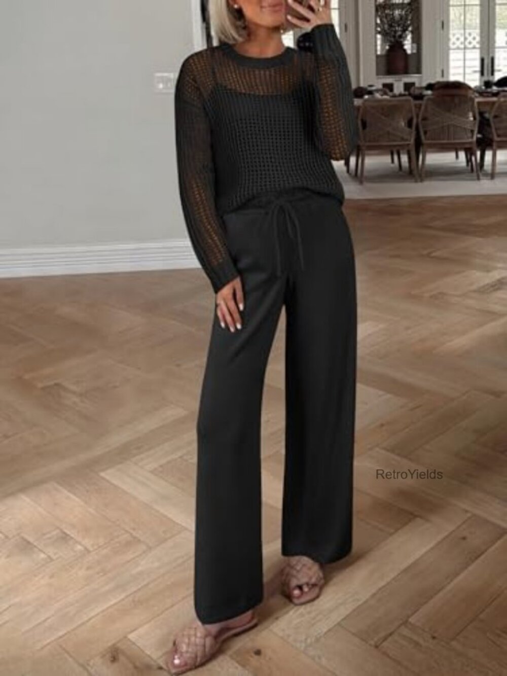 Crochet Sheer Knit Two Piece Lounge Set Wide Leg Pants Sweatsuit - Picture 5 of 6